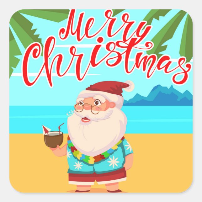 Tropical Summer Frohe Weihnachtsstrand Weihnachtsm Quadratischer Aufkleber (Vorderseite)