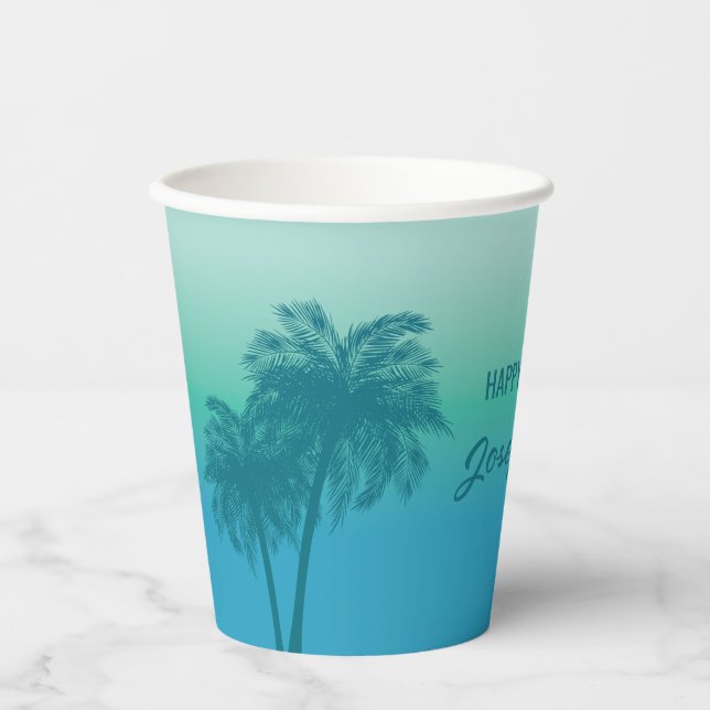 Tropical Summer Palm Trees Aqua Blue Sky Birthday Pappbecher (Vorderseite)
