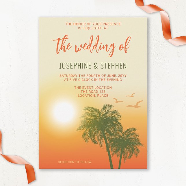Tropical Summer Palm Trees Orange Sunset Hochzeit Einladung (Von Creator hochgeladen)
