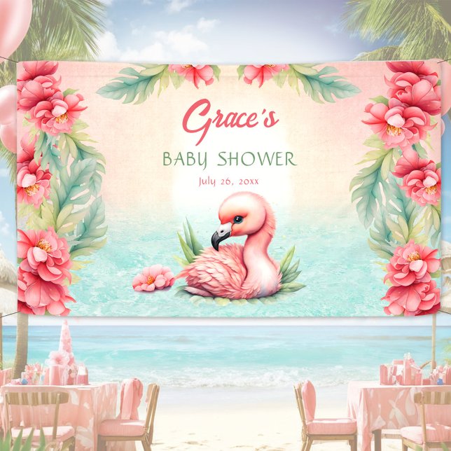 Tropical Summer Pink Flamingo Girl Babydusche Banner (Tropical Summer Pink Flamingo Girl Baby Shower Banner)