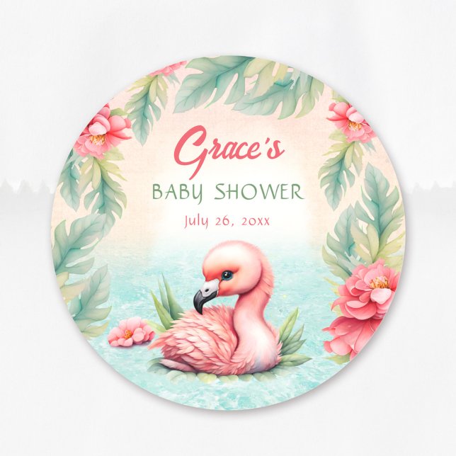 Tropical Summer Pink Flamingo Girl Babydusche Runder Aufkleber (Tropical Summer Pink Flamingo Girl Baby Shower Classic Round Sticker)