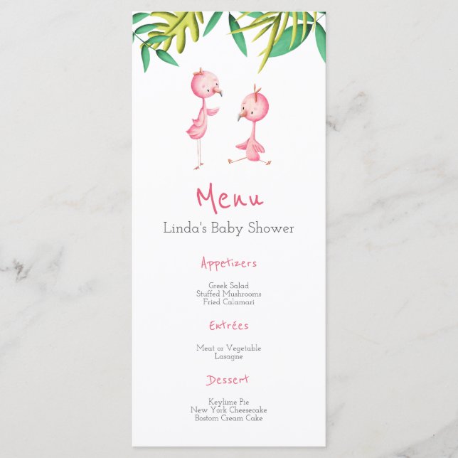 Tropical Summer Pink Flamingos Twins Baby Dusche m Menükarte (Vorderseite)