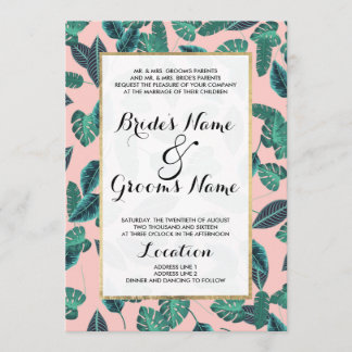 Tropical Summer Pink Green Blätter Sunset Pattern Einladung