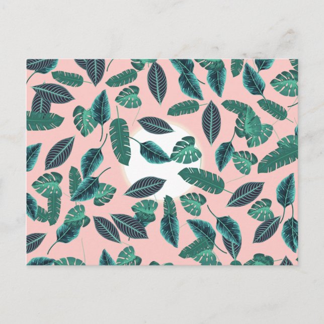 Tropical Summer Pink Green Blätter Sunset Pattern Postkarte (Vorderseite)