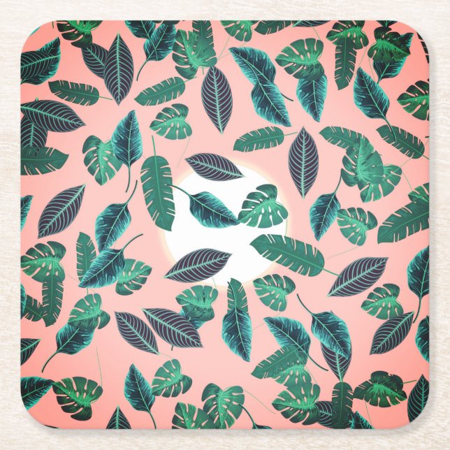 Tropical Summer Pink Green Blätter Sunset Pattern Rechteckiger Pappuntersetzer (Vorderseite)