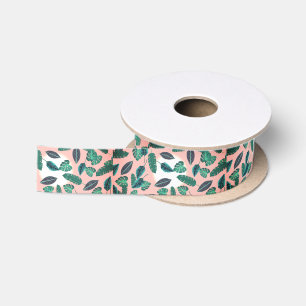 Tropical Summer Pink Green Blätter Sunset Pattern Satinband