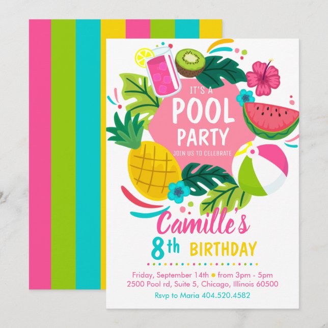 Tropical summer pool party Invitation (Devant / Derrière)