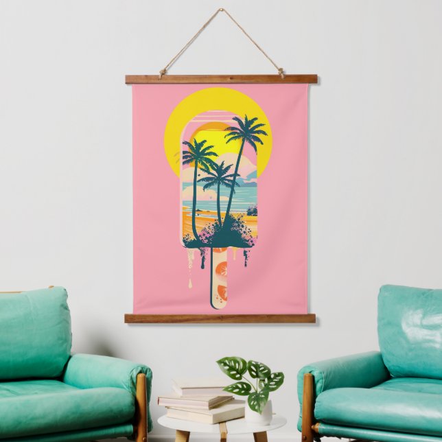 Tropical Summer Sunset Süßigkeiten Paradies Wandteppich Mit Holzrahmen (Wohnzimmer)