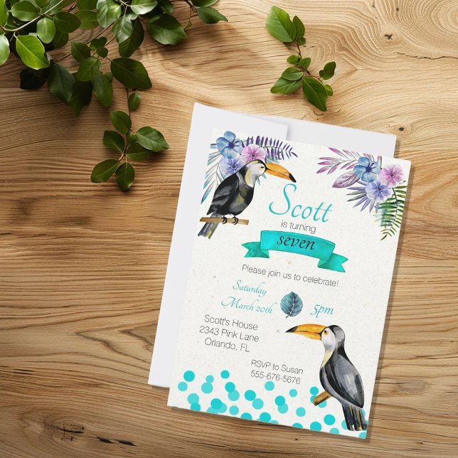 Tropical Summer Toucan Blue Birthday Party Einladung (Von Creator hochgeladen)