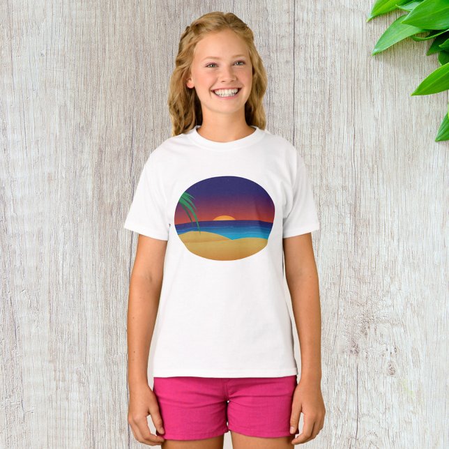 Tropical Sunset Beach Palm Blätter Ocean Waves T-Shirt (Von Creator hochgeladen)