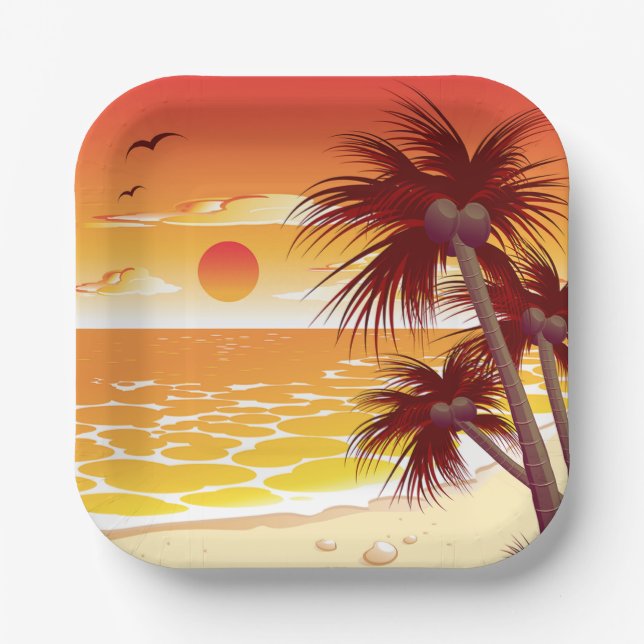 Tropical Sunset Beach Palm Tree Island Pappteller (Vorderseite)