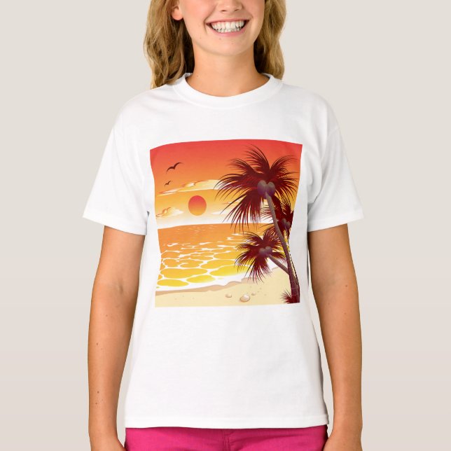 Tropical Sunset Beach Palm Tree Island T-Shirt (Vorderseite)