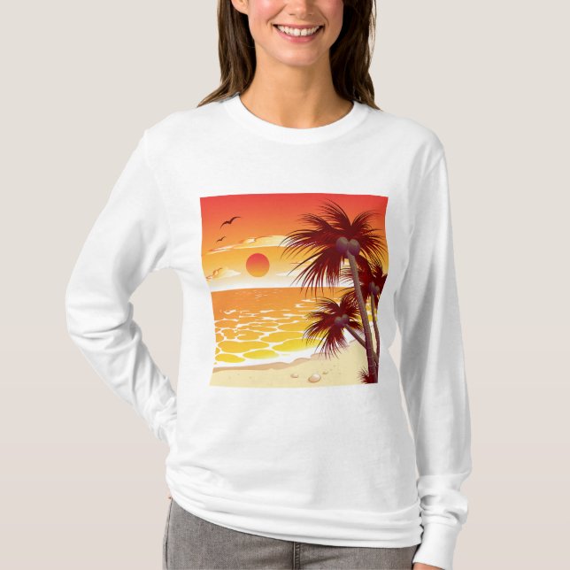 Tropical Sunset Beach Palm Tree Island T-Shirt (Vorderseite)