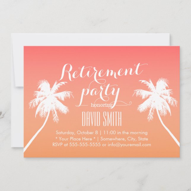 Tropical Sunset Beach Palm Tree Retirement Party Einladung (Vorderseite)