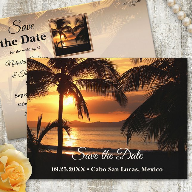 Tropical Sunset Beach Save the Date Postkarte (Von Creator hochgeladen)