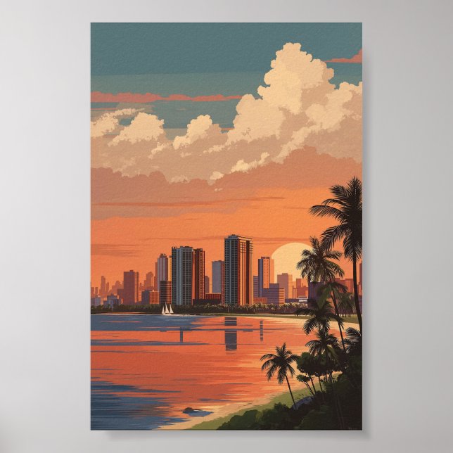 Tropical Sunset Cityscape - Palmen und Skyline Poster (Vorne)