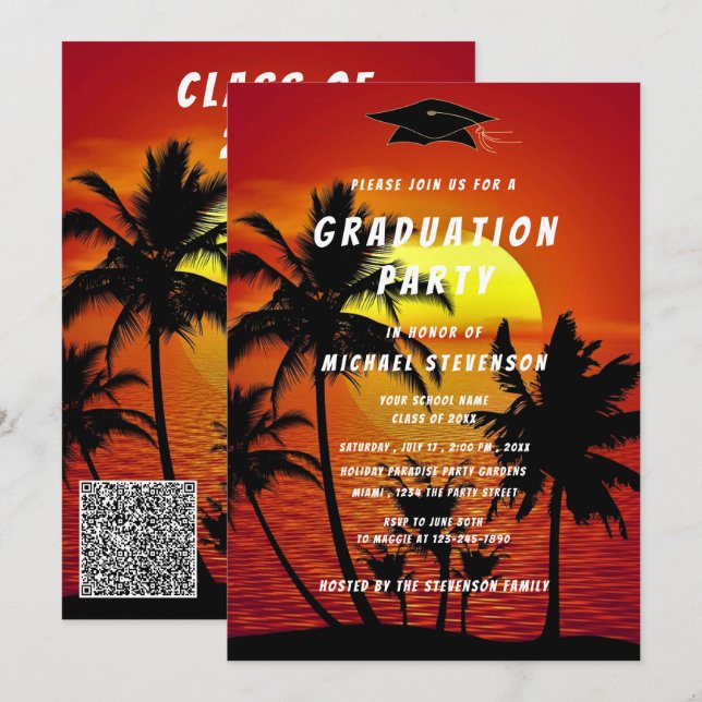 Tropical Sunset Ihr QR Code Abschluss Einladung (Vorne/Hinten)