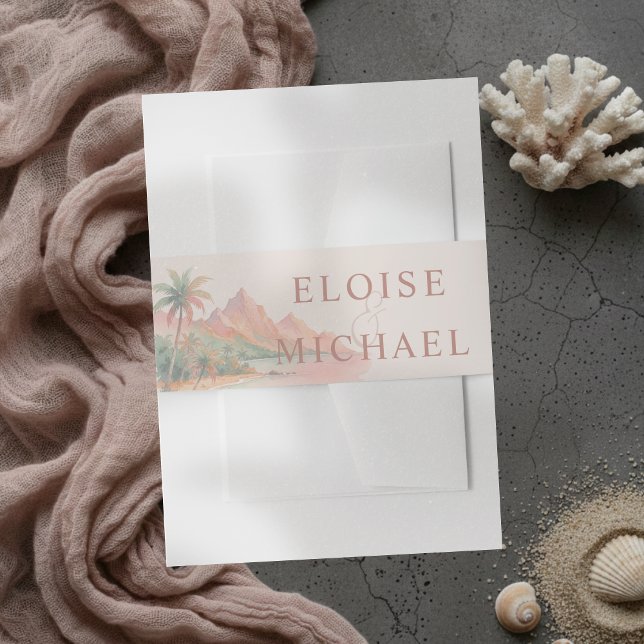 Tropical Sunset Island Beach Watercolor Wedding Einladungsbanderole (Tropical Sunset Island Beach Watercolor Wedding Invitation Belly Band)