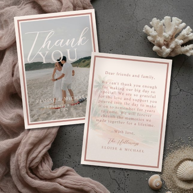 Tropical Sunset Island Beach Wedding Photo Dankeskarte (Tropical Sunset Island Beach Wedding Photo Thank You Card)