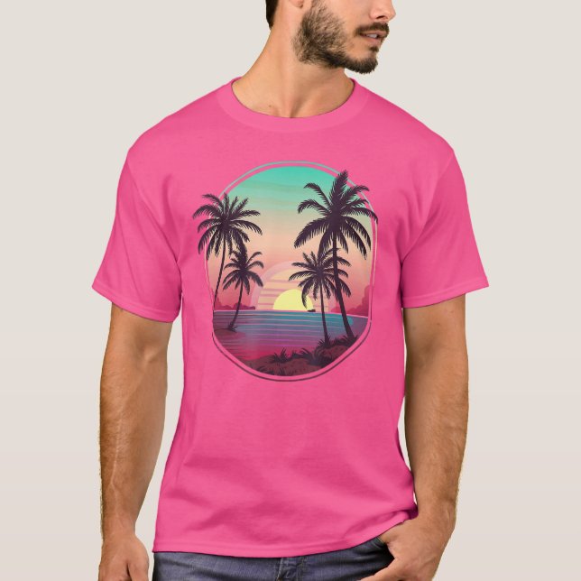 Tropical Sunset Mountains Beach Vacation Palm Tree T-Shirt (Vorderseite)