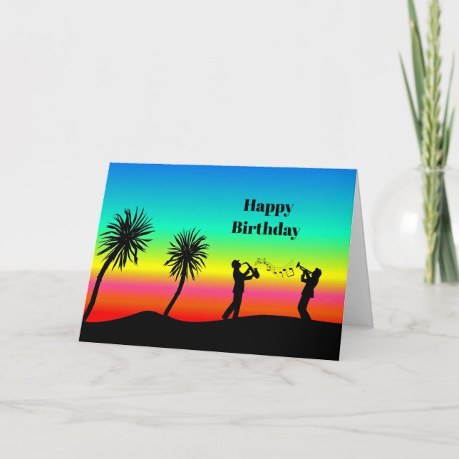 Tropical Sunset Musicians Silhouette Geburtstag Karte (Vorderseite)