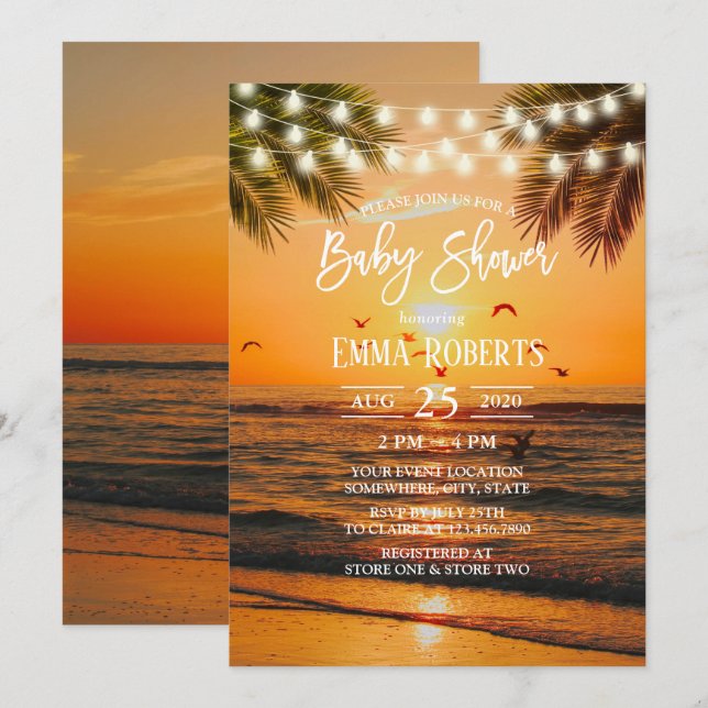 Tropical Sunset Palm Beach Baby Dusche Einladung (Vorne/Hinten)