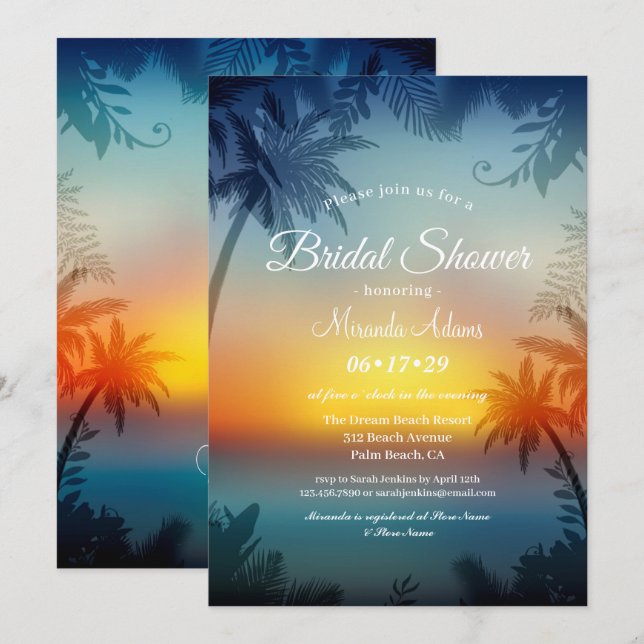 Tropical Sunset Palm Beach Brautparty Einladung (Vorne/Hinten)