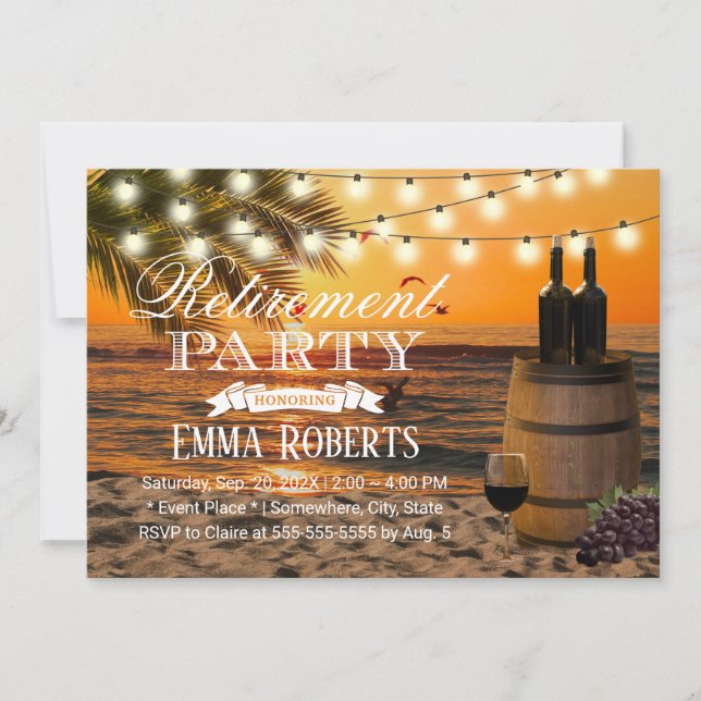 Tropical Sunset Palm Beach Wine Barrel Retirement Einladung (Vorderseite)