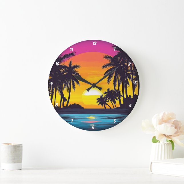 Tropical Sunset Palm Tree Beach Große Wanduhr (Zuhause)