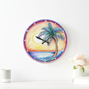 Tropical Sunset Palm Tree Beach Große Wanduhr