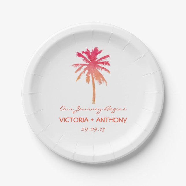 Tropical Sunset Palm Tree Beach Hochzeit Pappteller (Vorderseite)