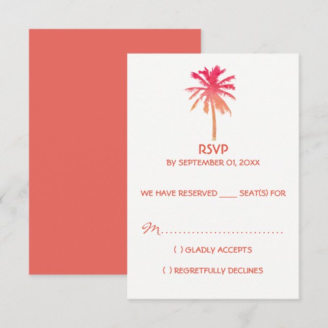 Tropical Sunset Palm Tree Beach Hochzeit RSVP Karte (Vorne/Hinten)