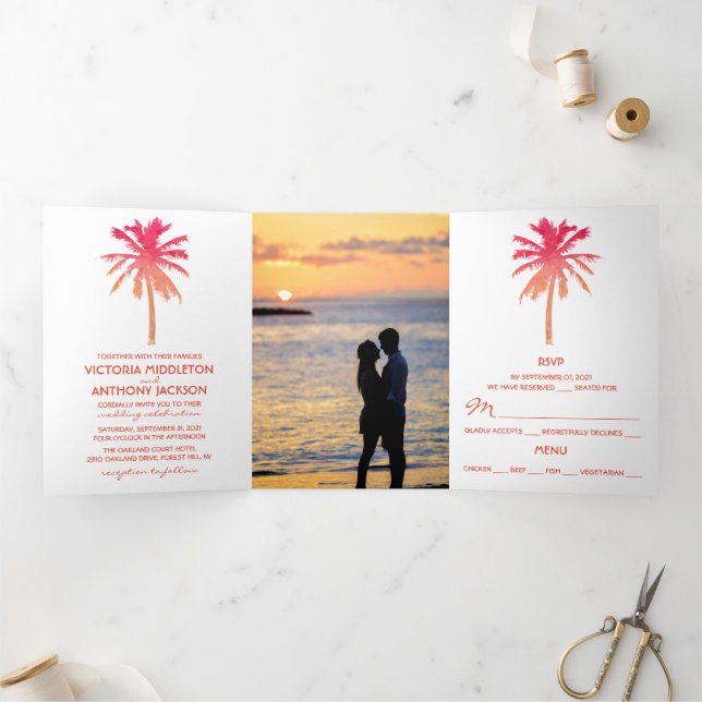 Tropical Sunset Palm Tree Beach Hochzeitssuite Dreifach Gefaltete Einladung (Innenseite)
