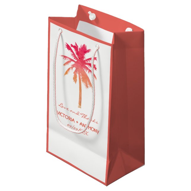 Tropical Sunset Palm Tree Beach Wedding Gefallen Kleine Geschenktüte (Vorderseite Schrägansicht)