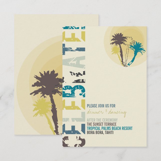 Tropical Sunset Palm Trees Beach Hochzeitsfest Emp Einladung (Vorne/Hinten)
