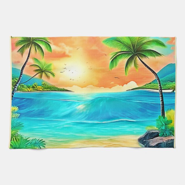 Tropical Sunset Paradise Beach View Geschirrtuch (Horizontal)