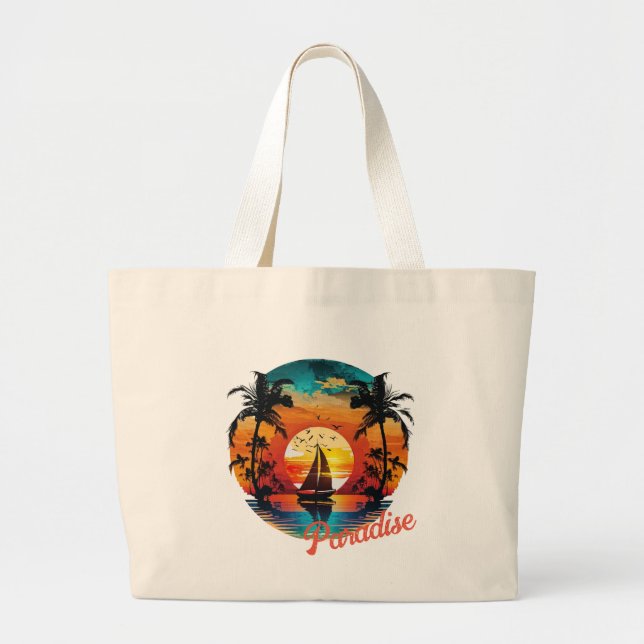 Tropical Sunset Sailing Beach Palms Jumbo Stoffbeutel (Vorne)