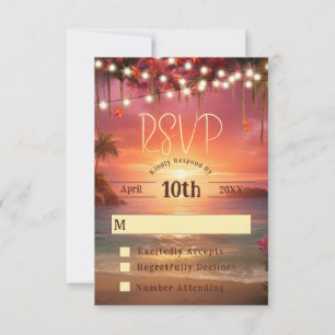 Tropical Sunset String Lights Beach Wedding RSVP Karte