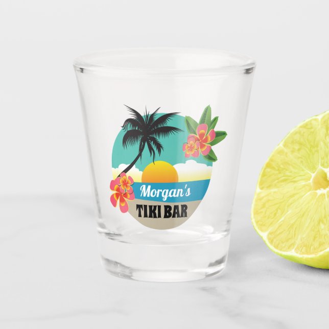 Tropical Sunset Tiki Bar mit Namen Schnapsglas (Vorderseite)