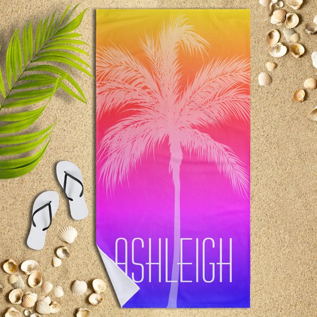 Tropical Sunset White Palm Personalisiert Strandtuch (Von Creator hochgeladen)