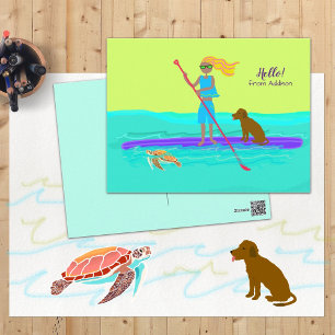 Tropical SUP Mädchen auf Paddleboard Hallo Postkarte