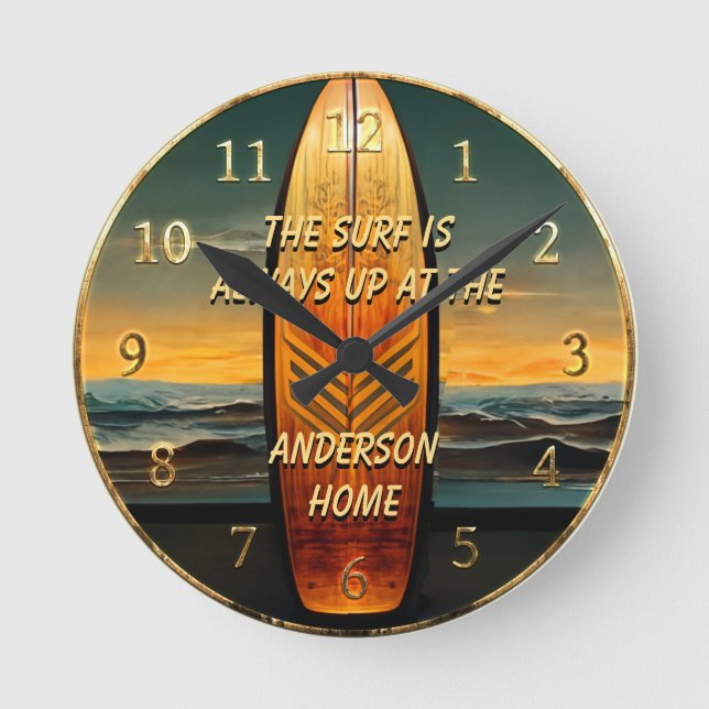 Tropical Surfing Ocean Family Name Runde Wanduhr (Vorderseite)