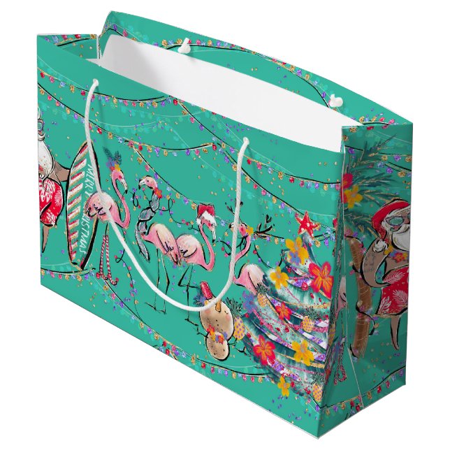 Tropical surfing Santa Holiday Geschenktasche Große Geschenktüte (Rückseite Schrägansicht)