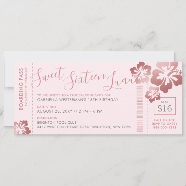 Tropical Sweet 16 Pool Luau Boarding Pass Einladung (Vorderseite)
