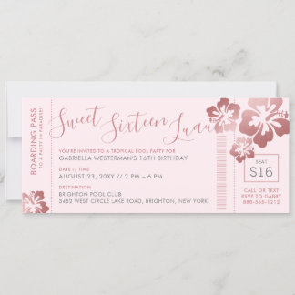Tropical Sweet 16 Pool Luau Boarding Pass Einladung