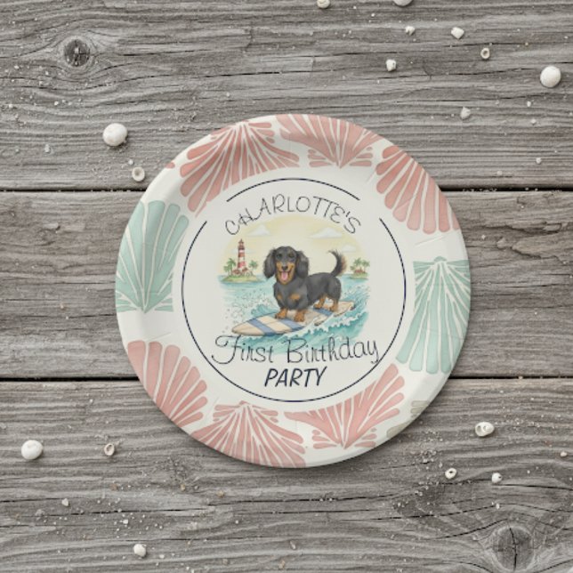 Tropical the Big One Surf Dackel Geburtstag Pappteller (Celebrate your little one’s special day with this Tropical The Big One Surf Dachshund Birthday!)