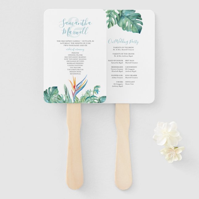 Tropical Theme Floral Wedding Program Fächer (Vorne und Hinten)