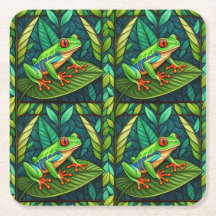 Tropical-themed coasters with vibrant green leaves