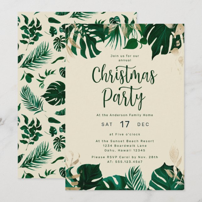 Tropical Themed Green Blätter Weihnachts-Party Einladung (Vorne/Hinten)