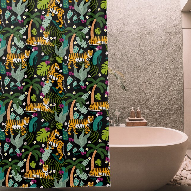 Tropical Tiger Black Botanle Safari Cats Duschvorhang (Tropical Tiger Black Botanical Jungle Safari Cats Shower Curtain)